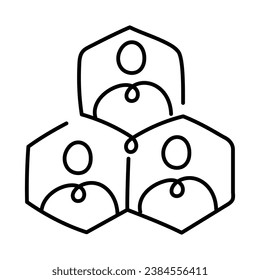 A vector icon featuring three individuals enclosed within three hexagons, symbolizing connectedness, teamwork, community, or social networks.