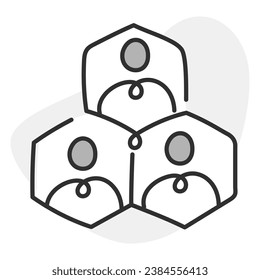 A vector icon featuring three individuals enclosed within three hexagons, symbolizing connectedness, teamwork, community, or social networks.