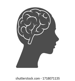 Vector icon of a female head with a brain. The silhouette is isolated on a white background. Simple design
