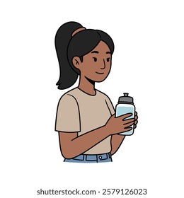 Vector icon: A female with a reusable water bottle on a white background