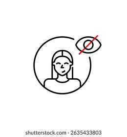 Vector icon of female user with crossed-out eye, symbolizing hidden profile, private mode, or invisible user status. Ideal for social apps, privacy settings, and user interfaces