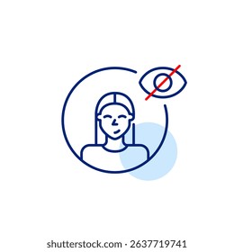 Vector icon of female user with crossed-out eye, symbolizing hidden profile, private mode, or invisible user status. Ideal for social apps, privacy settings, and user interfaces