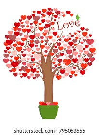 Vector icon of festive tree of bright red hearts in flower pot in flat style on white background with the inscription Love. Concept of Valentine's Day and the holidays of all lovers.