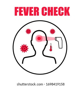 Icono vector de la comprobación de la fiebre. Ilustración de los glóbulos rojos del coronavirus y contorno icono humano. Concepto de cuidado de la salud y medicina. Signo necesario para la comprobación de la temperatura corporal durante Covid-19.