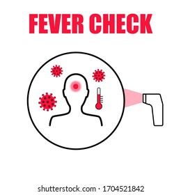 Icono vector de la comprobación de la fiebre. Ilustración de los glóbulos rojos del coronavirus y contorno icono humano. Signo necesario para la comprobación de temperatura corporal durante Covid-19.