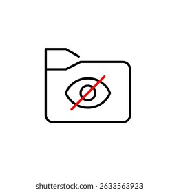 Vector icon of file folder with crossed-out eye, symbolizing hidden documents, private files, or restricted access. Ideal for office apps, file management tools, and privacy settings