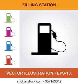 Vector Icon Of Filling Station With Title & Small Multicolored Icons. Eps-10.