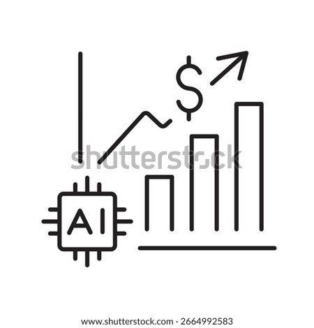 A vector icon of a financial chart with an AI chip, representing budget planning and expense analysis powered by artificial intelligence, created in line style with editable stroke