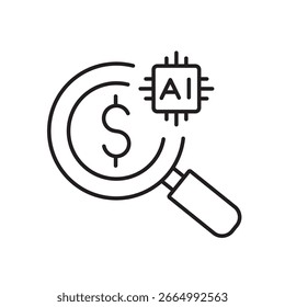Un ícono de Vector de un informe financiero con un chip de IA, que representa el análisis automatizado de transacciones con inteligencia artificial, creado en estilo de línea con trazo editable