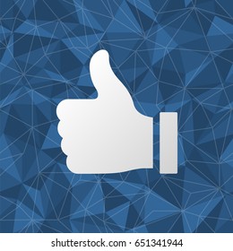 Vector icon of finger up with blue geometric seamless background.
