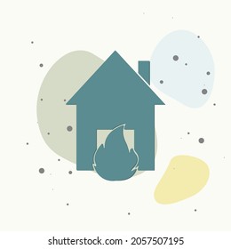 Vector icon fire in the house. Illustration of fire hazard on multicolored background. Layers grouped for easy editing illustration. For your design.
