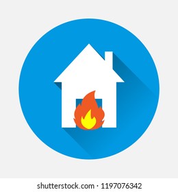 Vector icon fire in house on blue background. Flat image illustration of fire hazard with long shadow. Layers grouped for easy editing illustration. For your design.