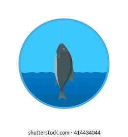 vector icon - fish caught on the hook on the background of river and sky. illustration