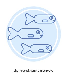 Vector icon of fish in dark blue color on the light blue background. Line graphics.