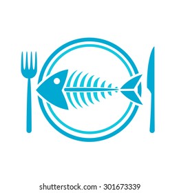 Vector icon of fish on plate with knife and fork
