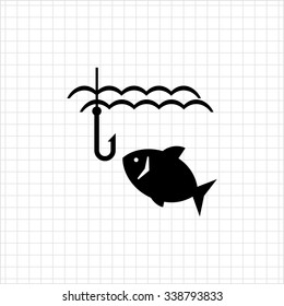 Vector icon of fish swimming in water and fish hook 