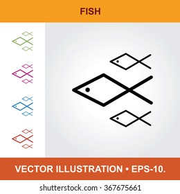 Vector Icon Of Fish With Title & Small Multicolored Icons. Eps-10.