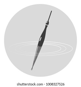  Vector icon of fishing  float. Monochrome drawing on gray round background. Can be used in postcards, posters, textiles, logo for fishing club.