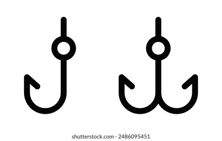 Vector icon of fishing hooks, symbolizing fishing, bait, and angling. Editable stroke.