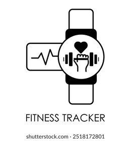 Vector icon for fitness tracker. Depicts a wrist-worn device designed to monitor fitness activities such as heart rate and step count.