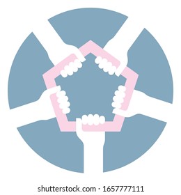 Vector icon of five hands holding a common pentagon. Friendship symbol. Blue background.