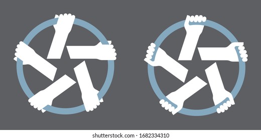 Vector icon of five hands holding hoop. Friendship symbol. Gray background.