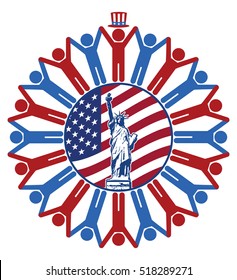 vector icon with flag of United States of America, statue of liberty, president, republican and democrat symbols of people