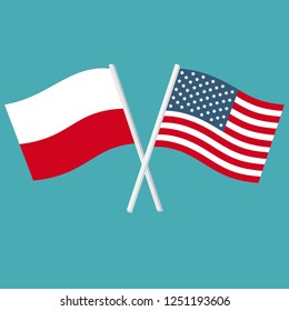 Vector icon flags of America and Poland. The flags of the USA and Poland are crossed and swaying. Illustration of country flags in flat style.