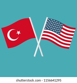 Vector icon flags of America and Turkey. Image US and Turkish flags are crossed and waving. Illustration Flags in flat design