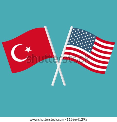 Vector icon flags of America and Turkey. Image US and Turkish flags are crossed and waving. Illustration Flags in flat design