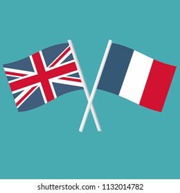 Vector icon flags of the Kingdom of Great Britain and France. The flags of France and England are crossed and swaying in the wind.
