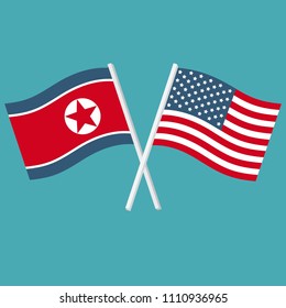 Vector Icon flags of United States of America and North Korea. The US and Korean flags are crossed.