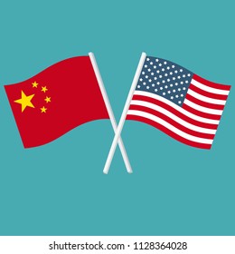 Icono vector de banderas de los Estados Unidos de América y China. Las banderas de Estados Unidos y China se cruzan y se mecen con el viento.