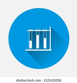 Vector icon flasks on stand. Laboratory beakers  on blue background. Flat image with long shadow.