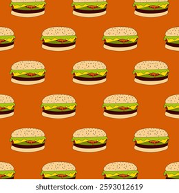vector icon of flat design pattern fast food burger. Seamless pattern of burgers. Background for fast food, packing, poster.
