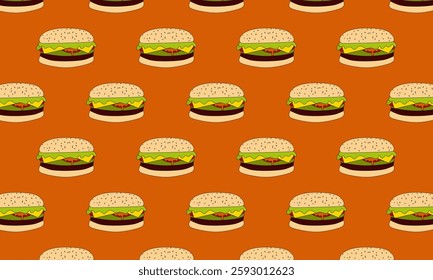 vector icon of flat design pattern fast food burger. Seamless pattern of burgers. Background for fast food, packing, poster.

