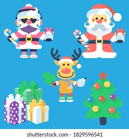 Vector icon flat design with Santa Claus and Santa's reindeer, Christmas tree and gifts