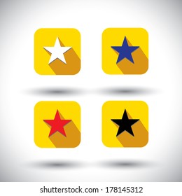vector icon - flat design star icons with various colors. This graphic illustration with long shadows also represents christmas stars, rating buttons, etc and used in application, webdesigns