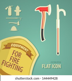 Vector icon flat fire ax and firefighter hook. equipment for fire fighting