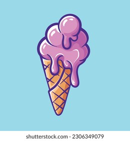 Vector icon flat outline Cute ice cream. Melting pink ice cream balls in the waffle cone. Cartoon style illustration for t shirt design