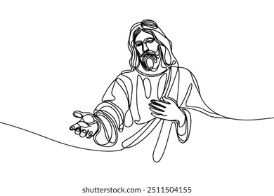 Ícone de vetor em estilo de linha única plana sobre fundo branco com a imagem de Jesus com as mãos estendidas

