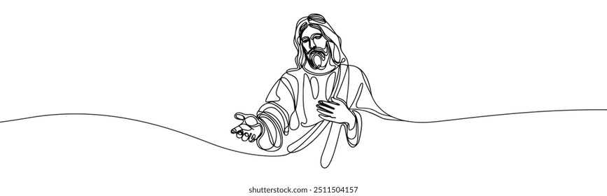 Vector icon in flat single line style on white background with the image of Jesus with outstretched hands

