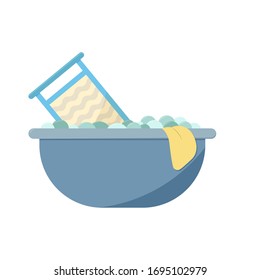 Vector icon. Flat style. Isolated vector illustration on a white background. Basin and washboard with soapy water.