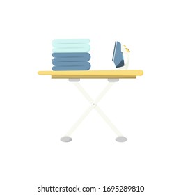 Vector icon. Flat style. Isolated vector illustration on a white background. Ironing board, iron and stack of ironed linen.