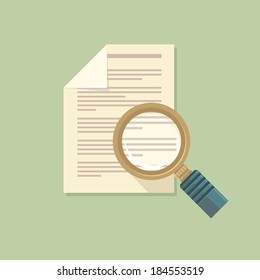 Vector icon in flat style - magnifier and paper document