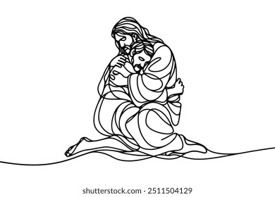 Icono de Vector en estilo plano de una línea sobre fondo blanco con la Imagen de Jesús que abraza a un pecador
