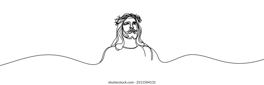 ícone de vetor em estilo plano de uma linha sobre fundo branco com a imagem de Jesus em uma coroa de espinhos
