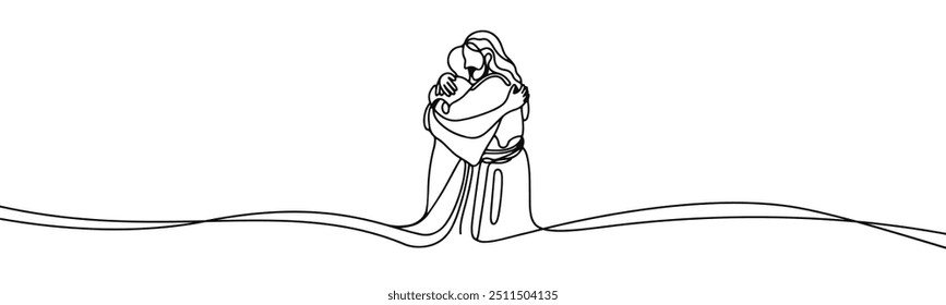 Icono de Vector en estilo plano de una línea sobre fondo blanco con la Imagen de Jesús que abraza a un pecador
