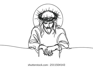 ícone de vetor em estilo plano de uma linha sobre fundo branco com a imagem de Jesus em uma coroa de espinhos
