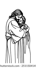 Icono de Vector en estilo plano de una línea sobre fondo blanco con la Imagen de Jesús que abraza a un pecador
